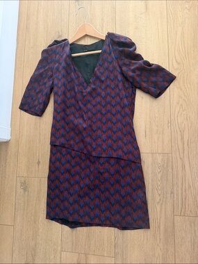 Maje Chevron V-Neck Layered Dress in Navy and Burgundy